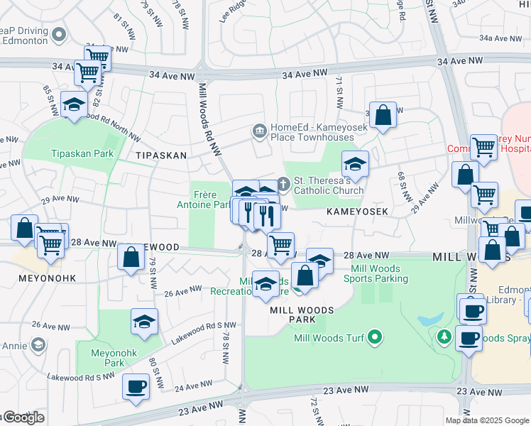 map of restaurants, bars, coffee shops, grocery stores, and more near 2851 A Mill Woods Road Northwest in Edmonton