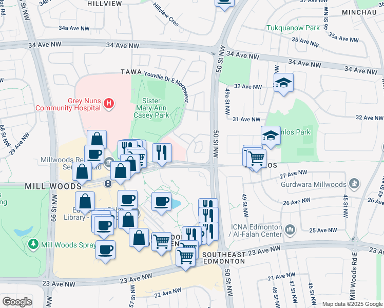 map of restaurants, bars, coffee shops, grocery stores, and more near 237 Youville Drive East Northwest in Edmonton
