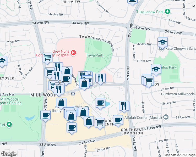 map of restaurants, bars, coffee shops, grocery stores, and more near 58 Youville Drive East Northwest in Edmonton