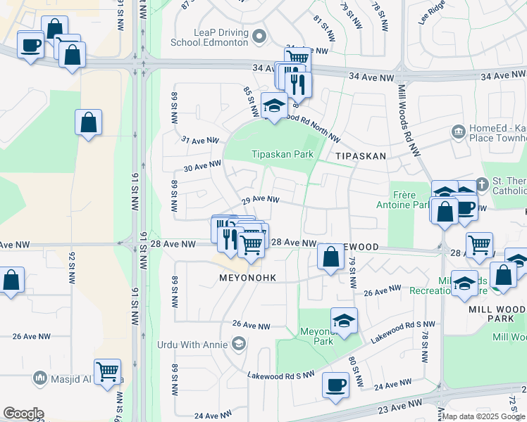 map of restaurants, bars, coffee shops, grocery stores, and more near 8431 29 Avenue NW in Edmonton