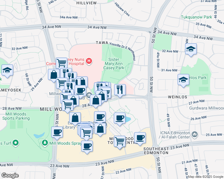 map of restaurants, bars, coffee shops, grocery stores, and more near 104 Youville Drive East Northwest in Edmonton