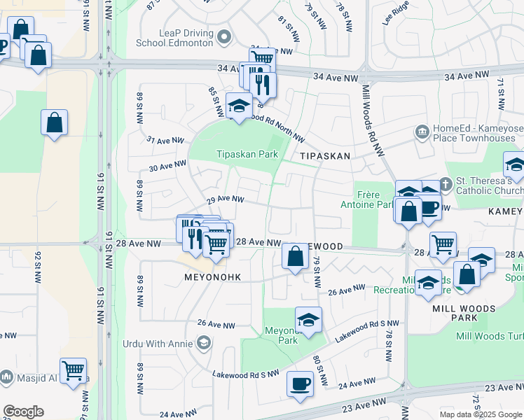 map of restaurants, bars, coffee shops, grocery stores, and more near 8309 29 Avenue NW in Edmonton