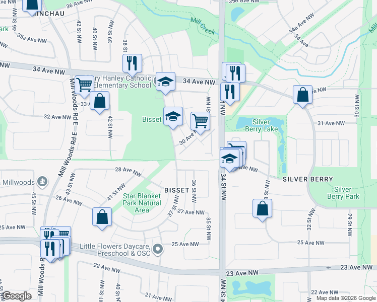 map of restaurants, bars, coffee shops, grocery stores, and more near 3625 30 Avenue Northwest in Edmonton