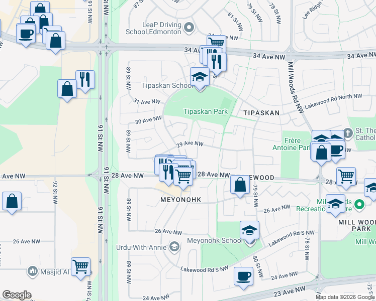 map of restaurants, bars, coffee shops, grocery stores, and more near in Edmonton