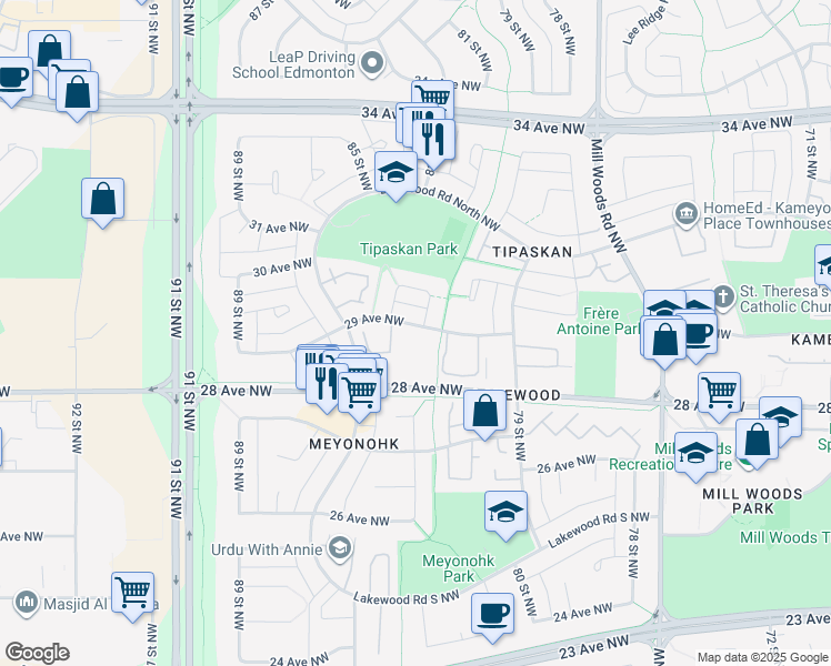 map of restaurants, bars, coffee shops, grocery stores, and more near 8315 29 Avenue NW in Edmonton