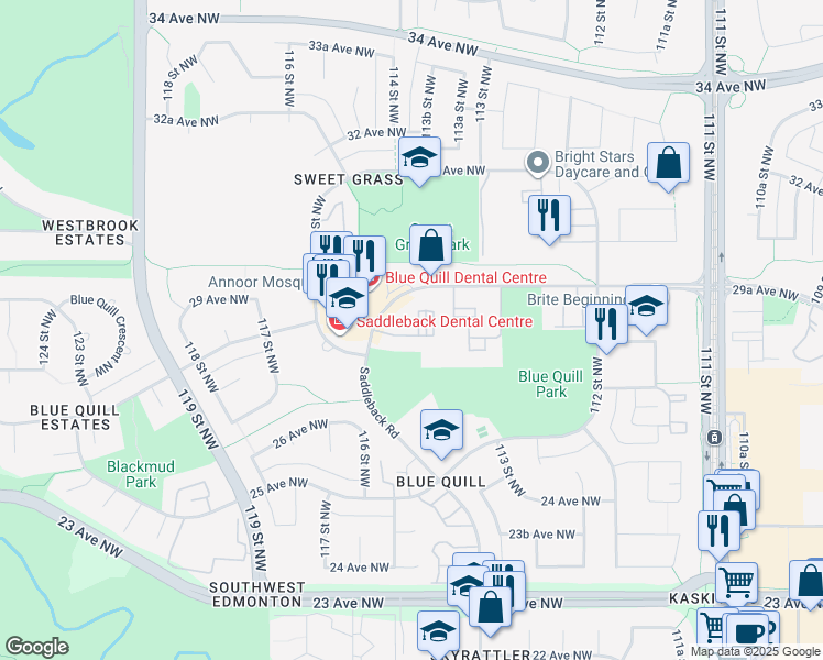 map of restaurants, bars, coffee shops, grocery stores, and more near 367 Saddleback Road Northwest in Edmonton