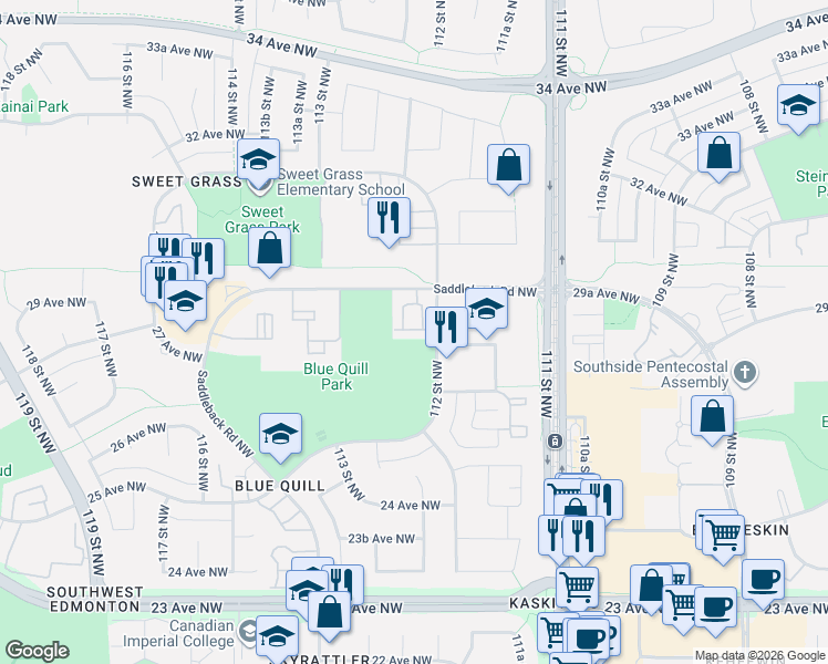 map of restaurants, bars, coffee shops, grocery stores, and more near 2810 112 Street Northwest in Edmonton