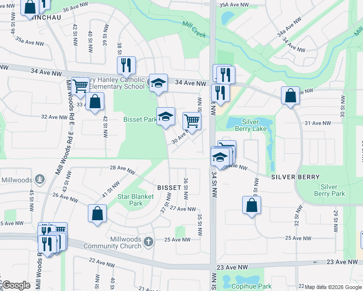 map of restaurants, bars, coffee shops, grocery stores, and more near 3625 30 Avenue Northwest in Edmonton