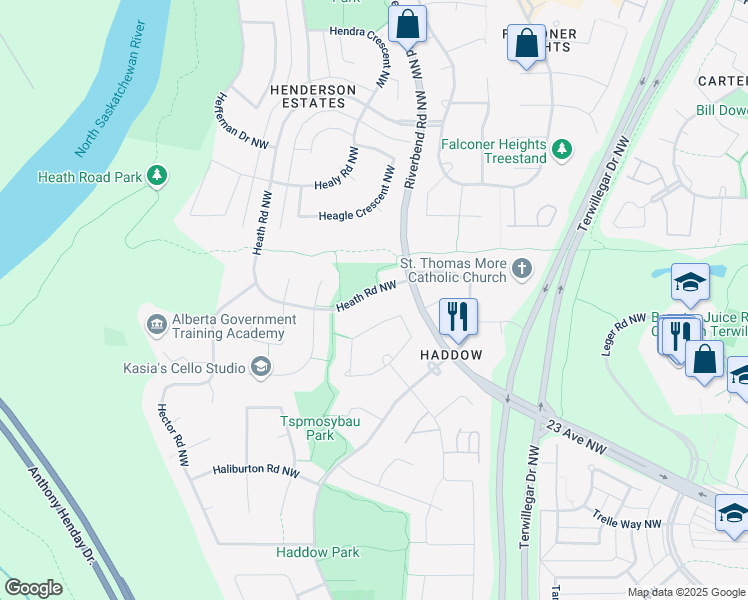 map of restaurants, bars, coffee shops, grocery stores, and more near 374 Heath Road Northwest in Edmonton