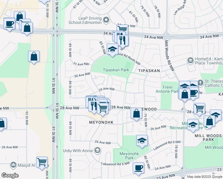 map of restaurants, bars, coffee shops, grocery stores, and more near 8391 29 Avenue NW in Edmonton