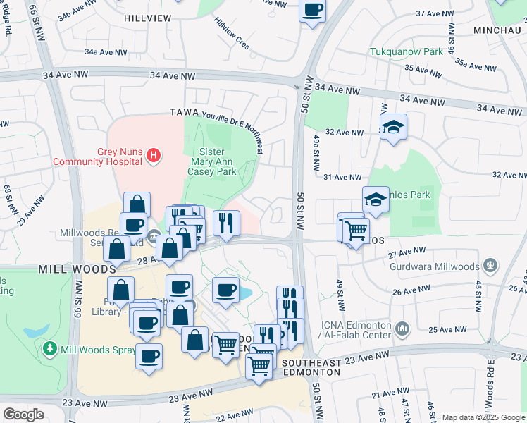 map of restaurants, bars, coffee shops, grocery stores, and more near 237 Youville Drive East Northwest in Edmonton