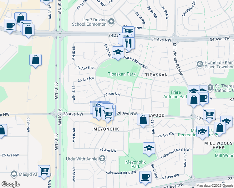 map of restaurants, bars, coffee shops, grocery stores, and more near 8391 29 Avenue NW in Edmonton