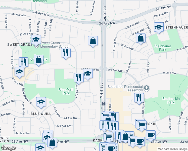 map of restaurants, bars, coffee shops, grocery stores, and more near 2823 112 Street Northwest in Edmonton