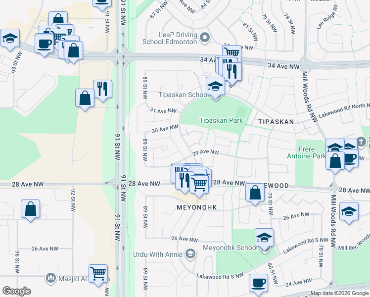 map of restaurants, bars, coffee shops, grocery stores, and more near 1315 Lakewood Road West Northwest in Edmonton