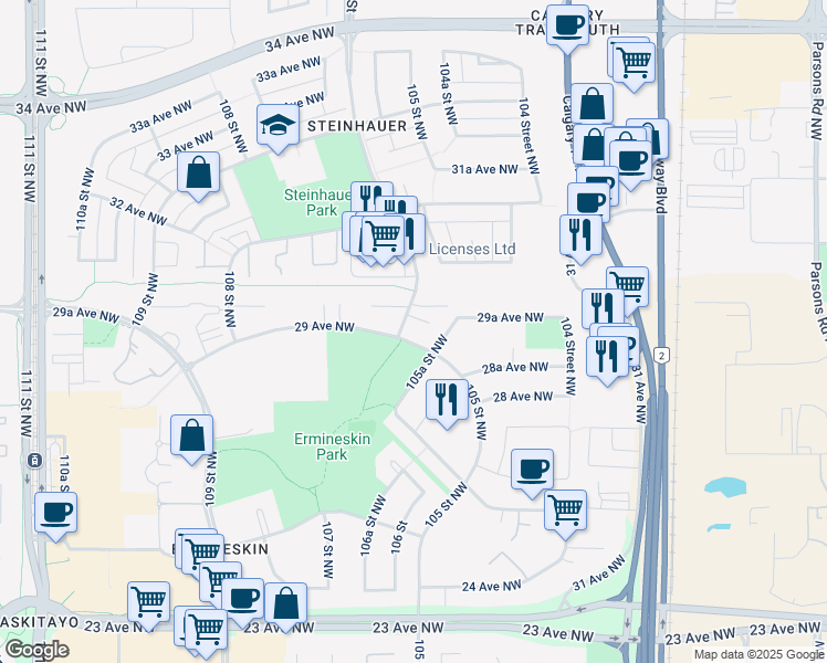 map of restaurants, bars, coffee shops, grocery stores, and more near 10528 29 Avenue Northwest in Edmonton