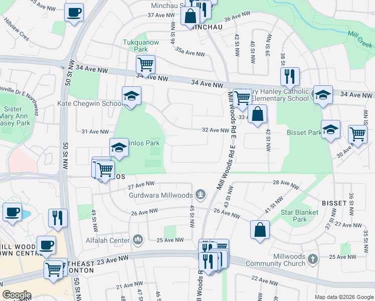 map of restaurants, bars, coffee shops, grocery stores, and more near 4537 29 Avenue Northwest in Edmonton