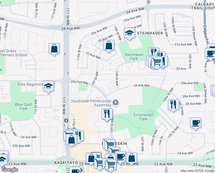 map of restaurants, bars, coffee shops, grocery stores, and more near 2841 109 Street Northwest in Edmonton