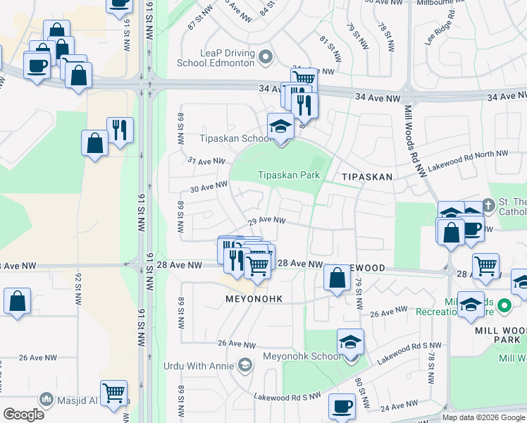 map of restaurants, bars, coffee shops, grocery stores, and more near in Edmonton