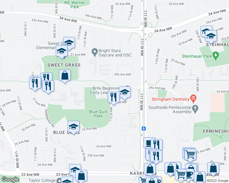 map of restaurants, bars, coffee shops, grocery stores, and more near 31 Saddleback Road in Edmonton