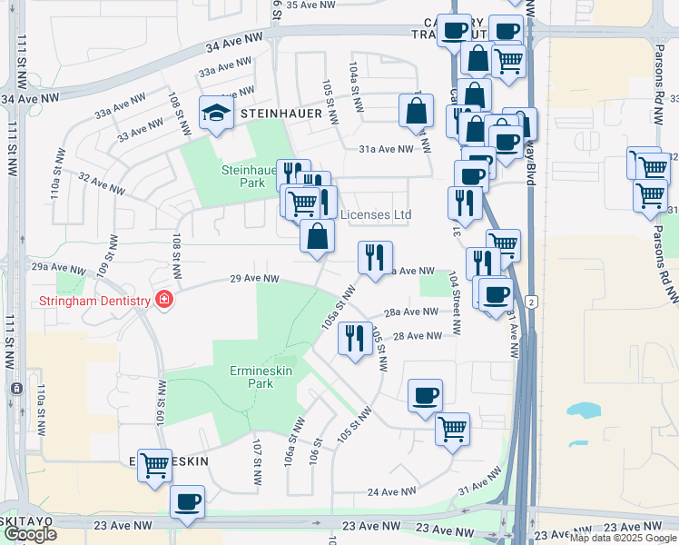 map of restaurants, bars, coffee shops, grocery stores, and more near 10528 29 Avenue Northwest in Edmonton