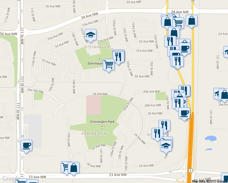 map of restaurants, bars, coffee shops, grocery stores, and more near 10604 29 Avenue Northwest in Edmonton
