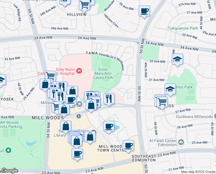 map of restaurants, bars, coffee shops, grocery stores, and more near 140 Youville Drive East Northwest in Edmonton