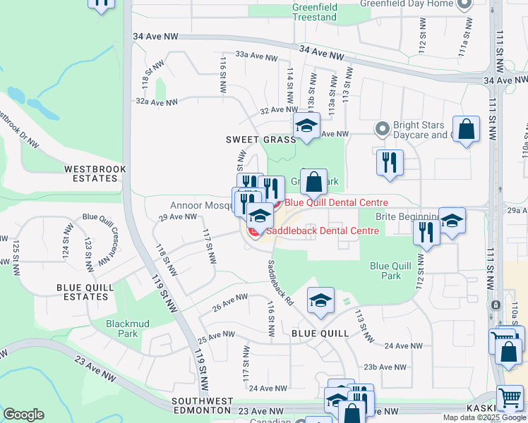 map of restaurants, bars, coffee shops, grocery stores, and more near 304 Saddleback Road Northwest in Edmonton