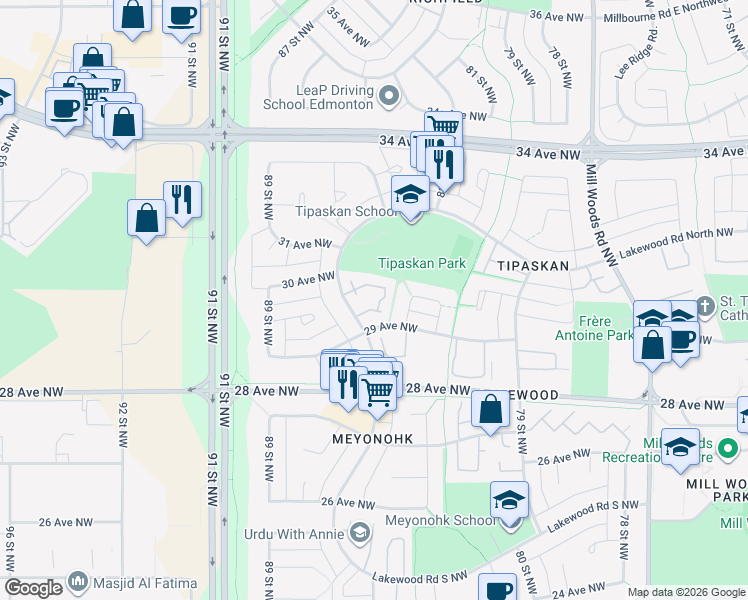 map of restaurants, bars, coffee shops, grocery stores, and more near in Edmonton