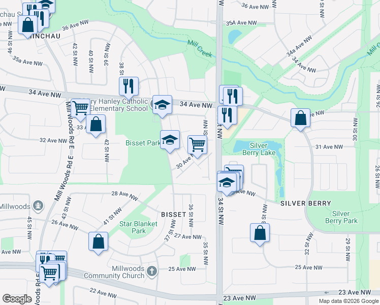 map of restaurants, bars, coffee shops, grocery stores, and more near 3016 36 Street Northwest in Edmonton