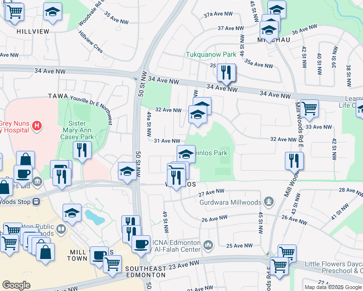 map of restaurants, bars, coffee shops, grocery stores, and more near in Edmonton