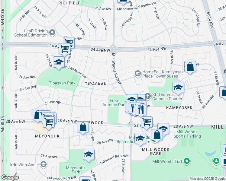 map of restaurants, bars, coffee shops, grocery stores, and more near 924 Lakewood Road North Northwest in Edmonton