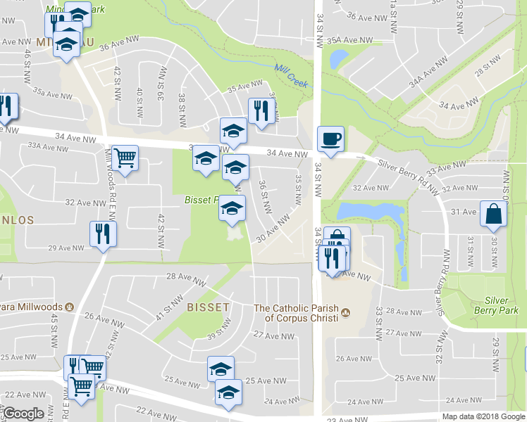 map of restaurants, bars, coffee shops, grocery stores, and more near 3016 36 Street Northwest in Edmonton