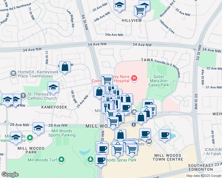 map of restaurants, bars, coffee shops, grocery stores, and more near in Edmonton