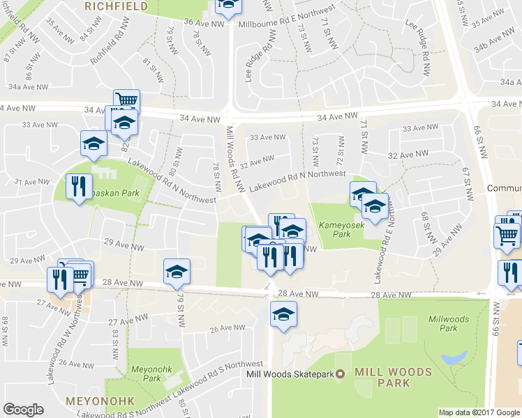 map of restaurants, bars, coffee shops, grocery stores, and more near 866 Mill Woods Road Northwest in Edmonton