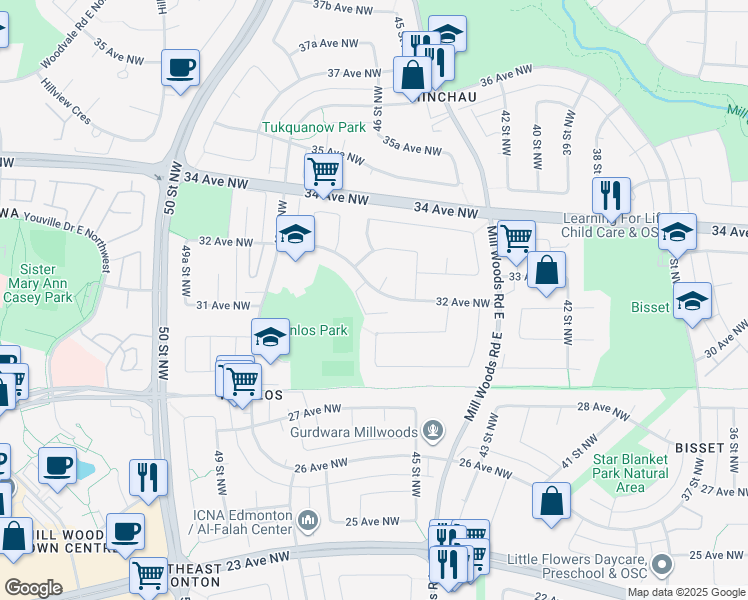 map of restaurants, bars, coffee shops, grocery stores, and more near 4559 32 Avenue Northwest in Edmonton