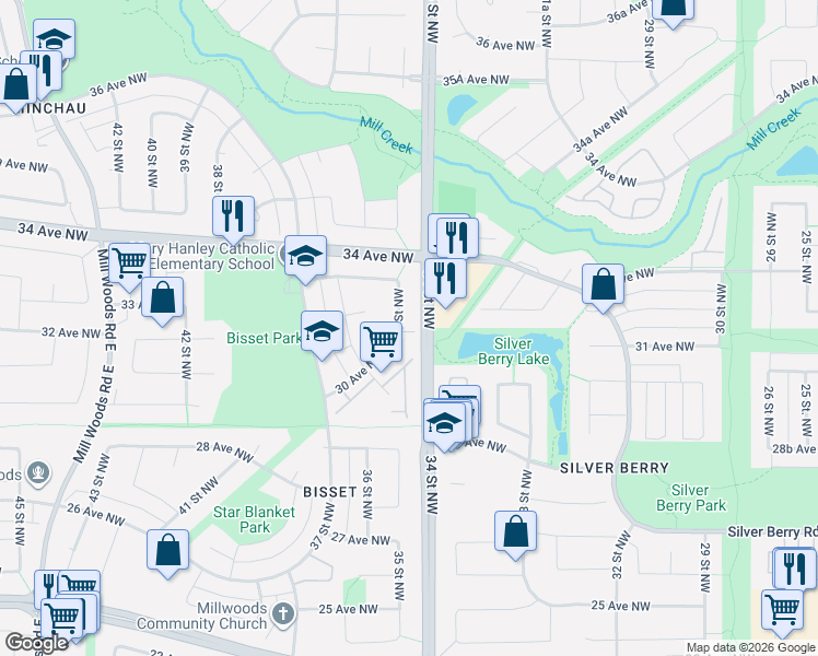 map of restaurants, bars, coffee shops, grocery stores, and more near 3007 35 Street Northwest in Edmonton