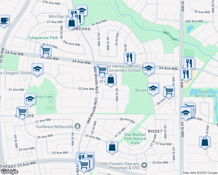 map of restaurants, bars, coffee shops, grocery stores, and more near 4220 32 Avenue Northwest in Edmonton