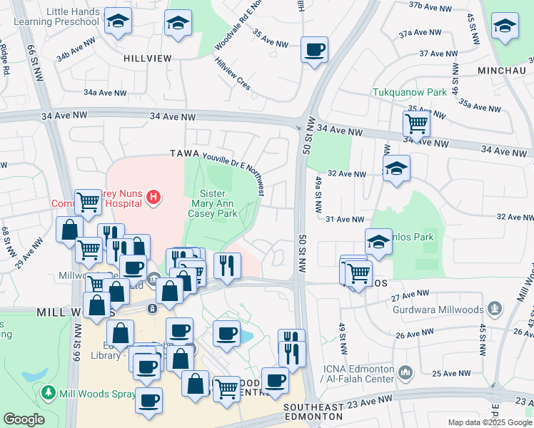 map of restaurants, bars, coffee shops, grocery stores, and more near 5065 31 Avenue Northwest in Edmonton