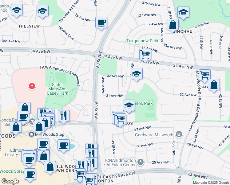 map of restaurants, bars, coffee shops, grocery stores, and more near 4906 31 Avenue Northwest in Edmonton
