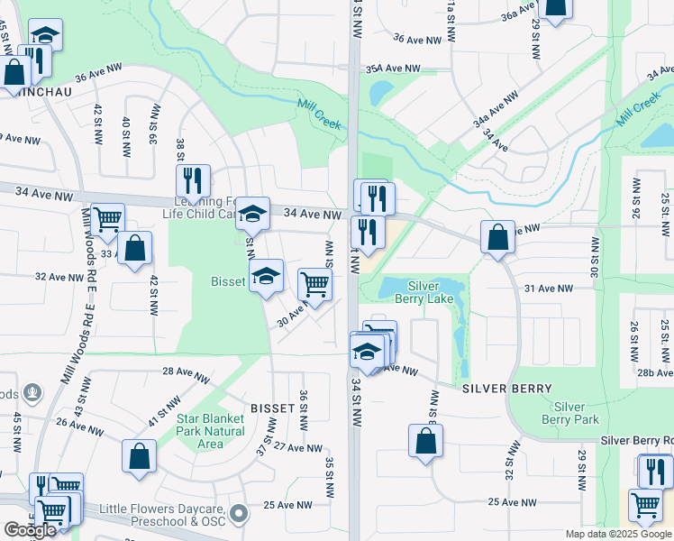 map of restaurants, bars, coffee shops, grocery stores, and more near 3007 35 Street Northwest in Edmonton