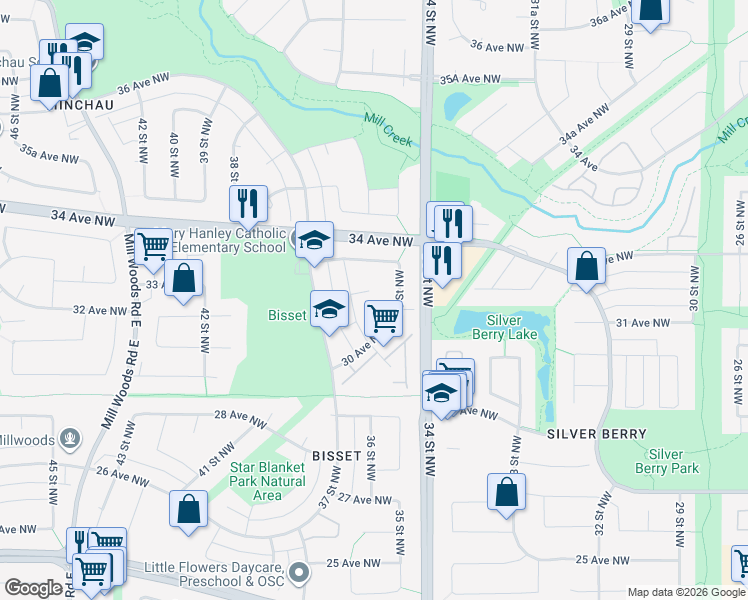 map of restaurants, bars, coffee shops, grocery stores, and more near 3207 36 Street Northwest in Edmonton