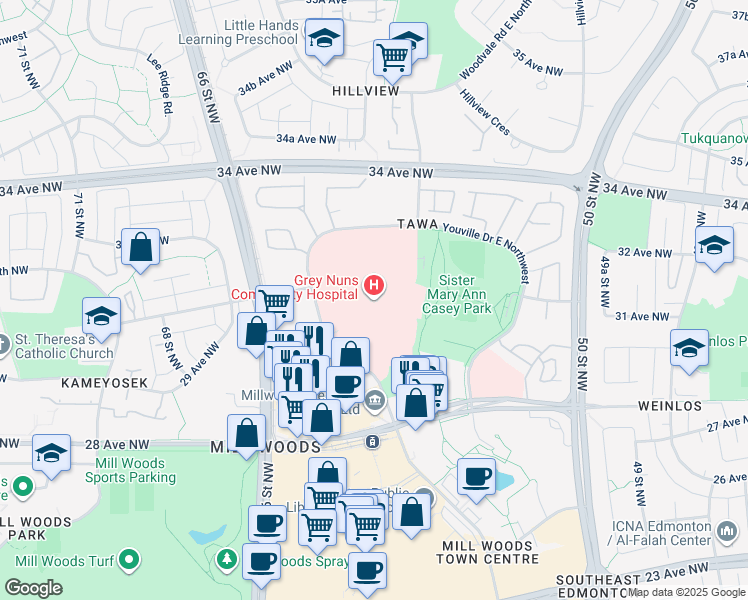 map of restaurants, bars, coffee shops, grocery stores, and more near 1100 Youville Drive West Northwest in Edmonton