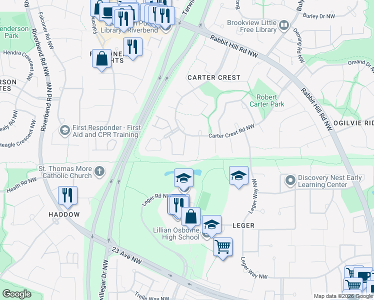 map of restaurants, bars, coffee shops, grocery stores, and more near 1203 Carter Crest Road Northwest in Edmonton