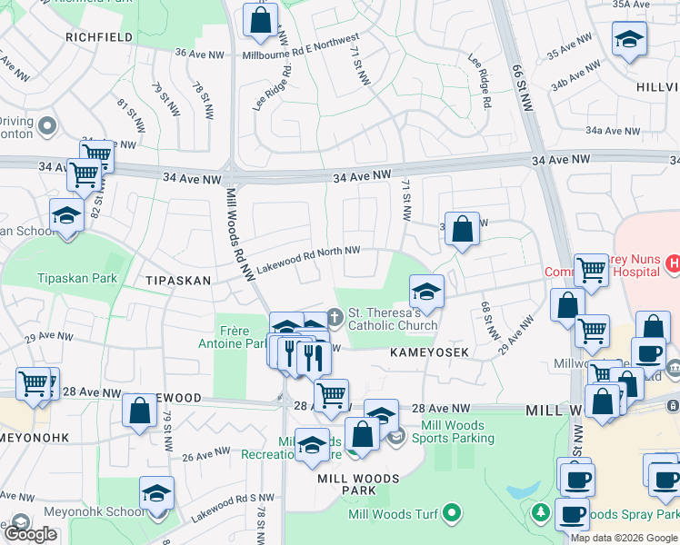 map of restaurants, bars, coffee shops, grocery stores, and more near 660 Lakewood Road North Northwest in Edmonton
