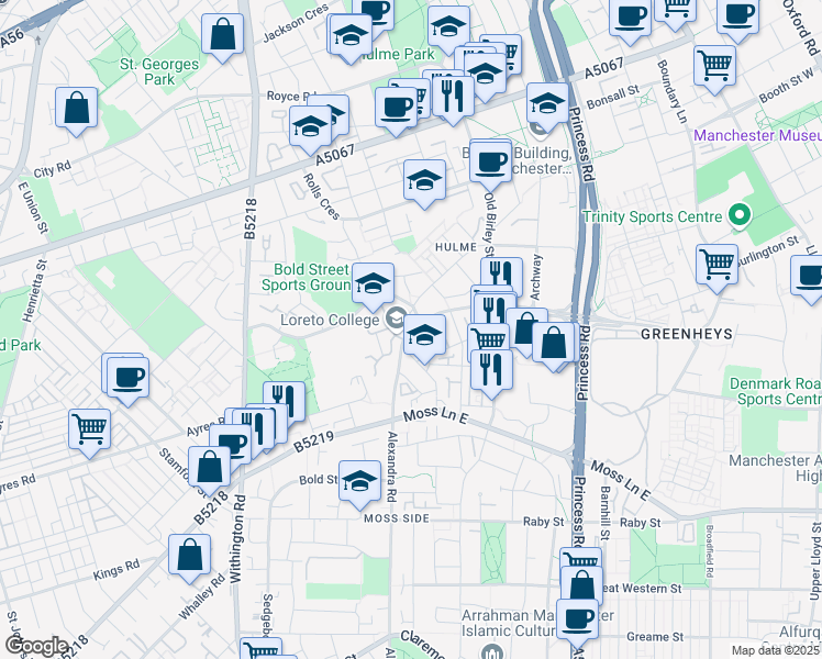 map of restaurants, bars, coffee shops, grocery stores, and more near in Manchester