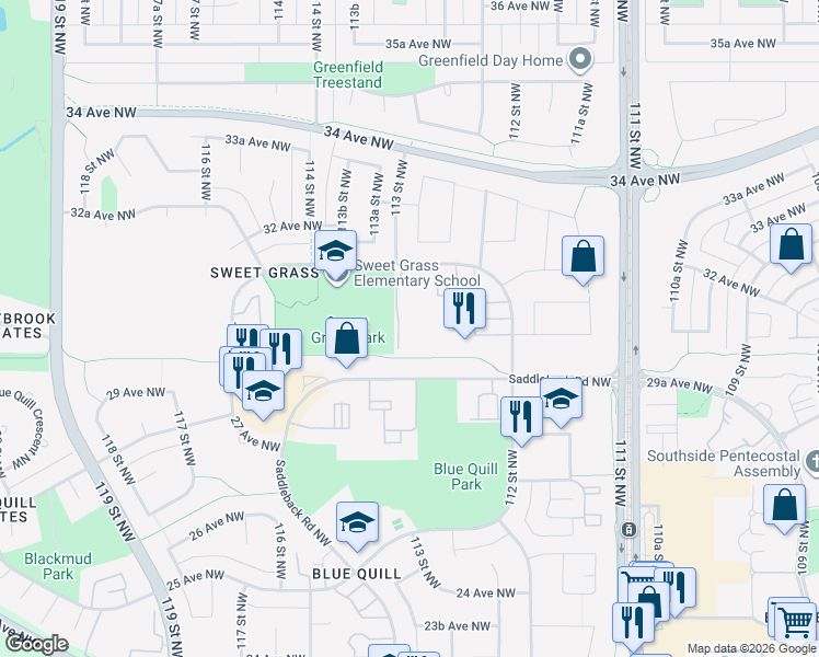 map of restaurants, bars, coffee shops, grocery stores, and more near 11245 31 Avenue Northwest in Edmonton