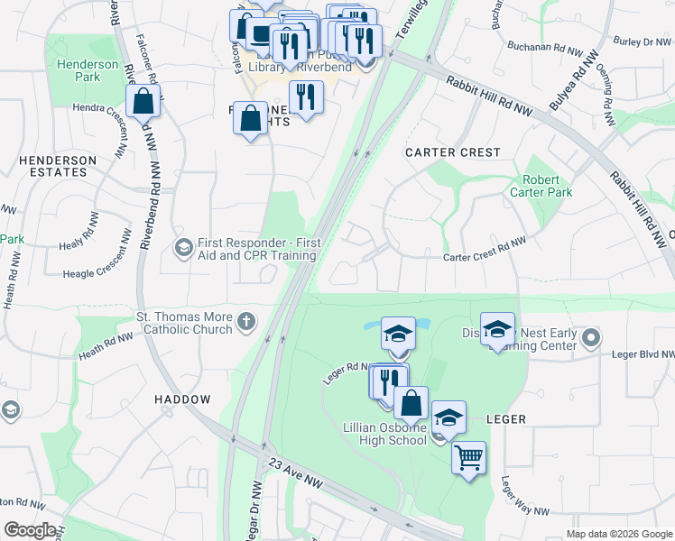 map of restaurants, bars, coffee shops, grocery stores, and more near 1293 Carter Crest Road Northwest in Edmonton