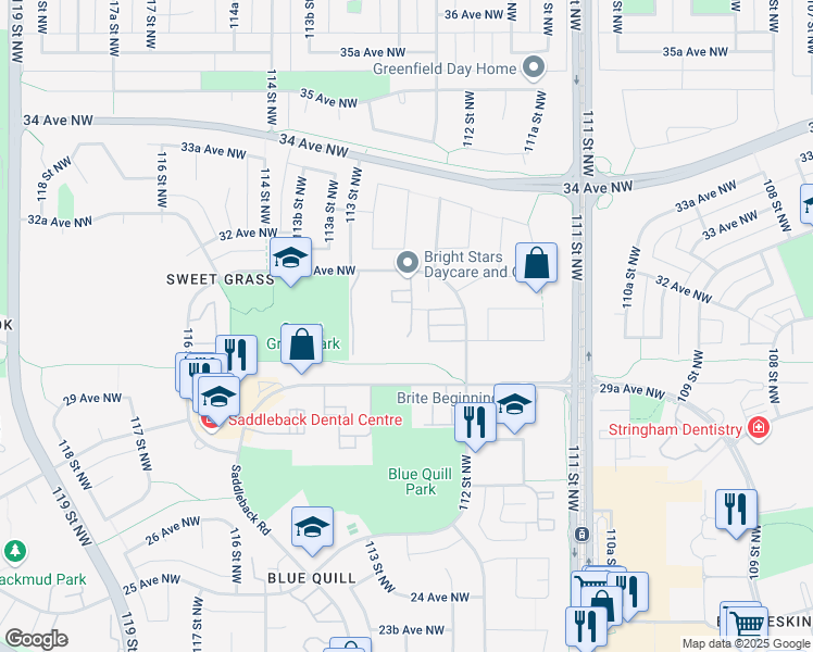 map of restaurants, bars, coffee shops, grocery stores, and more near 11245 31 Avenue Northwest in Edmonton