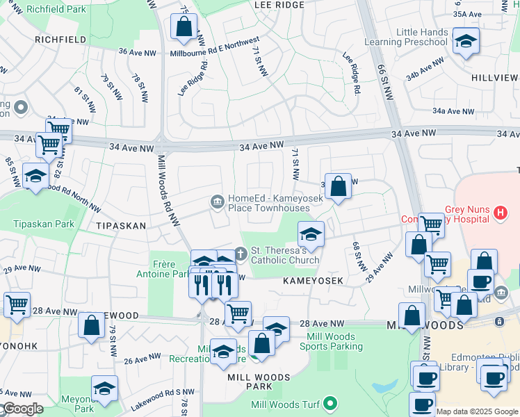 map of restaurants, bars, coffee shops, grocery stores, and more near 644 Lakewood Road North Northwest in Edmonton