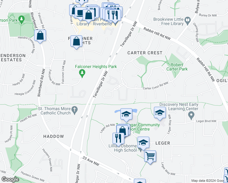 map of restaurants, bars, coffee shops, grocery stores, and more near 1237 Carter Crest Road Northwest in Edmonton